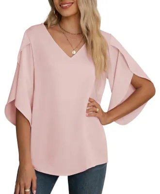 Productafbeelding van Chiffon Blouse met 3/4 Ruffle Mouwen - V-Hals - Roze