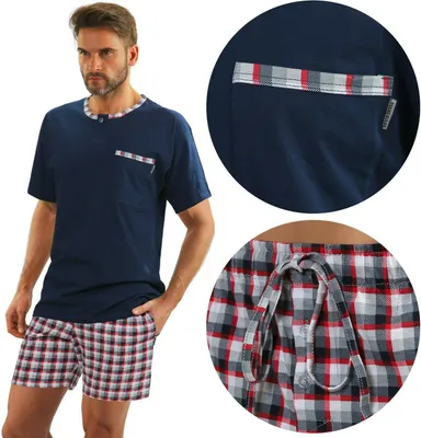 Zdjęcie produktu dla Sesto Senso piżama męska bawełniana krótki rękaw + spodnie od piżamy bielizna nocna - JASIEK - NAVY - L
