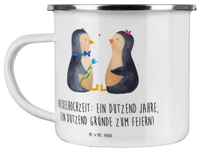 Produktbild von Mr. & Mrs. Panda Teetasse 12 Hochzeitstag Nickelhochzeit - Weiß - Geschenk, Geschenke, Feier, Widerstandsfähigkeit, einzigartige Accessoires, Emaille Tasse, Teebecher