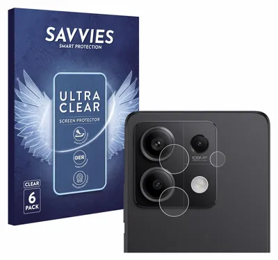 A product shot showing a box of screen protectors and a close-up of a phone's camera lens with screen protectors applied.