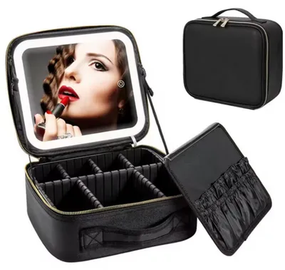 Produktbild von Kosmetiktasche mit LED-Spiegel, schwarzer Kosmetik-Koffer, Make-up