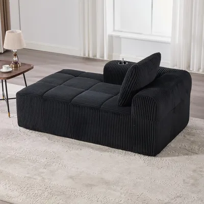 Image de OKWISH Canapé Méridienne 1 Place avec Porte-Gobelet et Poches Latérales, Coussin de Dossier, Sans Assemblage en Velours Côtelé Noir