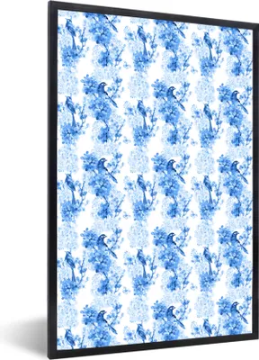 Produktbild von MuchoWow® MuchoWow® Gerahmtes Poster Blumen - Vögel - Blau 60x90 cm - Poster mit zchwarzem Bilderrahmen - Kunst