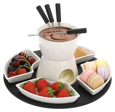 Schokoladenfondue-Set, 300 ml, Keramik, Holzplatte, 11-teilig