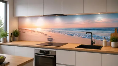 Productafbeelding van Wandpaneel voor keuken, achterwand, zonsondergangmotief, 3 mm aluminium composietpaneel als spatwand, waterdichte keukenwand, inclusief UV-lak, mat, lotus effect, 220 x 60 cm
