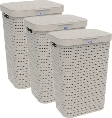 Produktbild von Rotho 3er-Set Wäschesammler 55 L Country - Wäschekorb groß - Wäschetruhe 42,0 x 32,0 x 57,2 cm - Wäschebox mit Deckel - Wäsche Sammler aus Kunststoff
