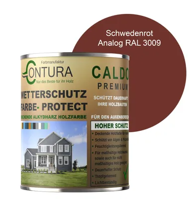 Produktbild von Contura 500ml Wetterschutzfarbe Holz Dauerschutzfarbe Deckend Buntlack Holzfarbe Holzlasur Seidenmatt - Schwedenrot - RAL 3009 Analog