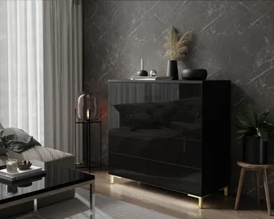 A modern living room with a black high-gloss dresser, a sofa, and curtains.