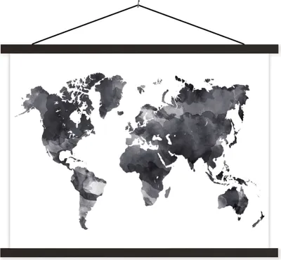 Produktbild von MuchoWow® Textilposter Weltkarte - Aquarell - Schwarz - Weiß 60x45 cm mit schwarzem Rahmen - Poster Schlafzimmer