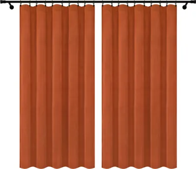 Two orange curtains hanging on a curtain rod against a white background.