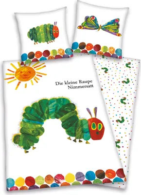 A collage of bedding items featuring illustrations from 'The Very Hungry Caterpillar'.