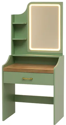 Produktbild von Aphrodite - Schminktisch mit LED-Licht, Schublade, 3 Ablagen und Steckdosen, Makeup-Station aus salbeifarbenem Holz