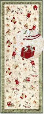 A close-up view of a rug with a repeating pattern of Christmas toys and festive elements.