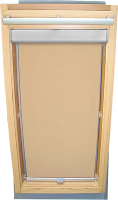 A roller blind for a VELUX skylight window, shown in a neutral, well-lit setting.
