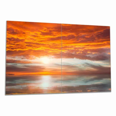 Produktbild von Wallario Herdabdeckplatte aus Glas, Größe 80 x 52 cm 2-teilig, Motiv Abendrot in Reflexion über dem See