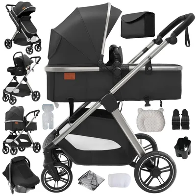 Imagen del producto de Cochecito para bebé, diseño versátil 3 en 1, compacto y plegable, color gris oscuro (V10)