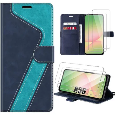 Image de Coque + 2 Verres Trempés pour Samsung Galaxy A56 5G, Cuir Synthétique Antichoc Anti-Rayures Bleu