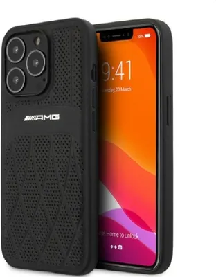 A black iPhone 13 Pro Max case with the AMG logo is shown next to an iPhone displaying the lock screen.