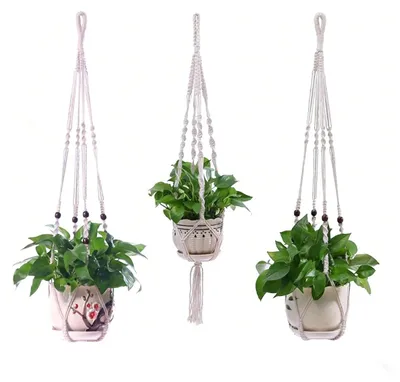 Image de Suspension pour plantes en macramé, lot de 3, suspension d'intérieur, support pour pot de fleurs, suspension avec corde en coton pour l'intérieur et l'extérieur, plafonds, balcons, décoration murale, 88/90/92 cm (blanc)