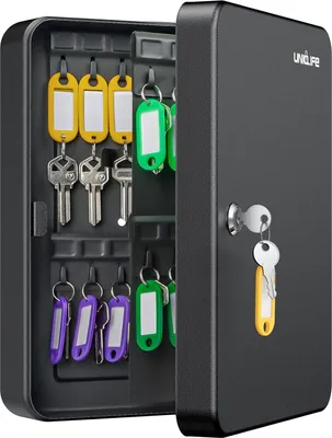 Produktbild von 60 Positionen Schlüsselkasten mit Schlüsselschloss - Wandmontiert Schwarz - Sicherheitslagerbox aus Stahl - Schlüsselorganisator mit bunten Schlüsselanhänger-Aufklebern und Haken