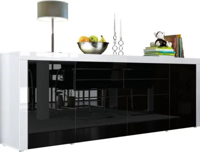 Produktbild von Vladon Sideboard La Paz V2,  Germany, Kommode mit 2 Türen, 2 Schubkästen und 2 Klappen, Weiß Hochglanz/Schwarz Hochglanz/Weiß Hochglanz (200 x 72 x 35 cm)