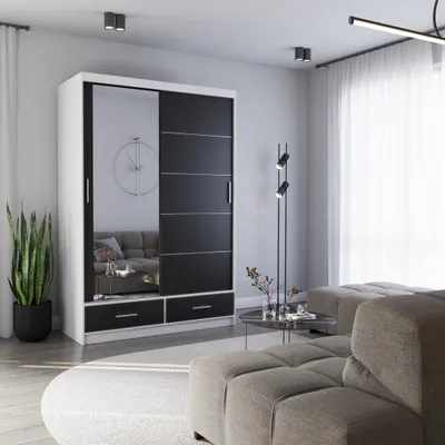 Produktbild von Schwebetürenschrank Kleiderschrank 150 cm Weiß/Schwarz matt mit Spiegel Florence