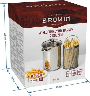 The image shows the packaging of a multi-functional pot with a basket, including dimensions and product illustrations.
