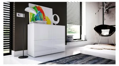 Produktbild von Sideboard Rova, Kommode mit 4 Türen, Weiß matt/Weiß Hochglanz/Weiß Hochglanz (92 x 72 x 35 cm)
