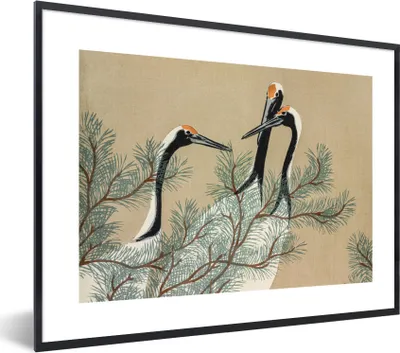 Produktbild von MuchoWow® Gerahmtes Poster Kranich - Blätter - Japanisch - Vintage 80x60 cm - Poster mit Schwarzem Bilderrahmen Wandposter Rahmen Foto Bilder - Schwarzem - Mit Gestell