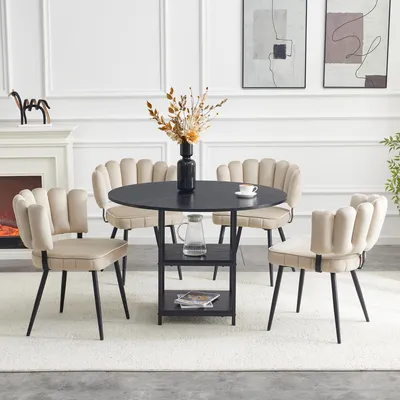 Immagine prodotto di Set tavolo e sedie, tavolo rotondo da pranzo di 107 cm di diametro, con doppio ripiano, 4 sedie imbottite in tessuto, schienale decorato con motivi floreali (colore nero, marrone chiaro)