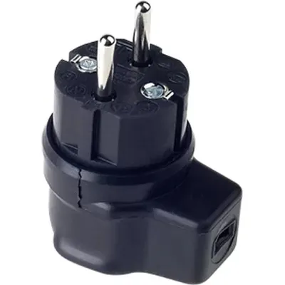 A black electrical plug adapter with silver prongs against a white background.