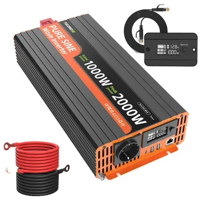 Imagen del producto de Inversor de onda sinusoidal pura, con una potencia nominal de 1000W, una potencia máxima de 2000W, voltaje de entrada de corriente continua (DC) de 12V, voltaje de salida de corriente alterna (AC) de 230V y una frecuencia de salida de 50Hz