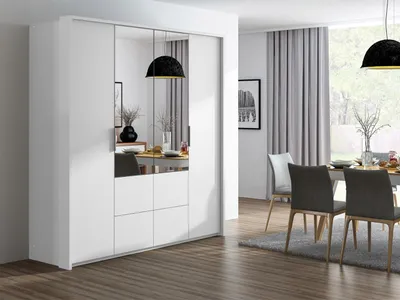 Produktbild von MIRJAN24 Kleiderschrank Wieden 208, Drehtürenschrank, Garderobenschrank mit Spiegel, Schlafzimmer Garderobe (Farbe: Weiß)