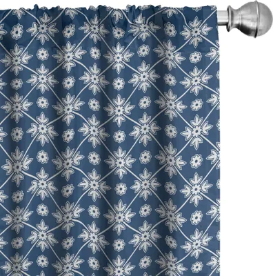 Produktbild von ABAKUHAUS Blau Vorhänge, Gardinen, Kariertes Muster mit abstraktem Frühlings-Blüten Folkloric Holland Cultural Pattern, 2 Stück 75 x 175 cm, Blau Weiss
