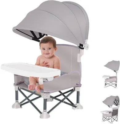 Produktbild von Unyqoos® Faltbarer Reise-Kinderhochstuhl – abnehmbares Tablett, 3‑Punkt‑Gurt, Sonnendach, Tragetasche, gepolsterter Sitz, Aluminiumlegierung, 6–36 Monate, bis 15 kg