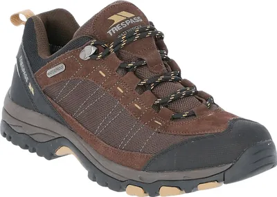 A single brown hiking shoe is shown against a white background.