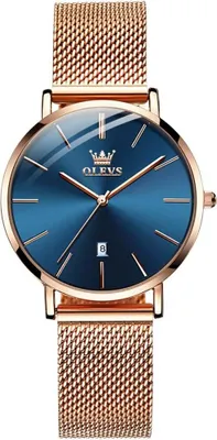 Produktbild von OLEVS Damen Ultradünn Uhr, Minimalistische Edelstahl Mesh Armband Damenuhr, Wasserdichte Quarz Uhr mit Datum, Elegante Kleid Uhr für Frauen, Zeitlose