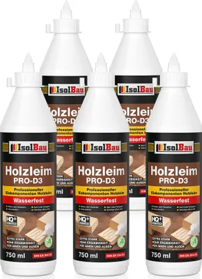 Produktbild von Isolbau Holzleim PRO-D3 - 5 x 750 ml (860 g) Extra starker Holzkleber für alle Holzarten, für Innen & Außen, Wasserfest, Lösemittelfrei