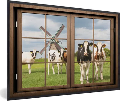 Produktbild von MuchoWow® MuchoWow® Gerahmtes Poster Ansicht - Mühle - Kuh 60x40 cm - Poster mit zchwarzem Bilderrahmen - Printing - Wanddeko Schlafzimmer