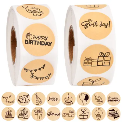 Immagine prodotto di Adesivi per compleanno, 1000 pezzi - Nastro da regalo - Adesivi autoadesivi - Decorazioni - 16 design - Carta kraft - Adesivi per regali