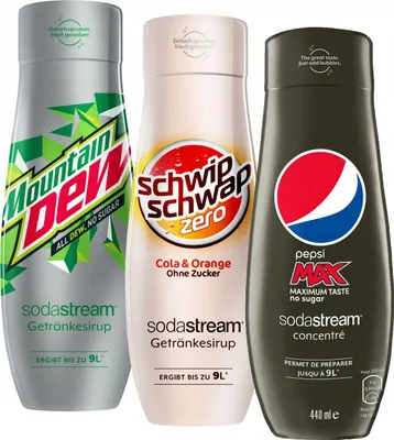 Zdjęcie produktu dla Syrop do Sodastream Mountain Dew Zero, Pepsi Max, Schwip Schwap Zero, 440ml, 3 sztuki