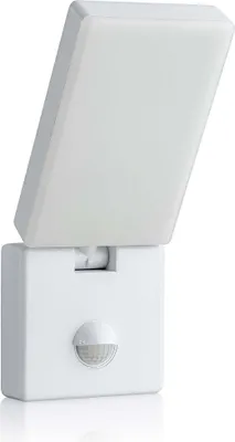A white LED outdoor light with a motion sensor, shown against a white background.