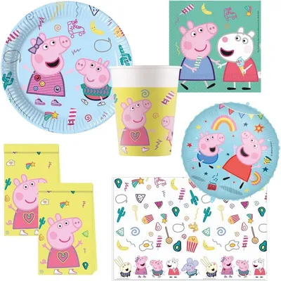 Produktbild von Party Set Peppa Wutz, 46-teiliges Einweggeschirr für Kindergeburtstag und Mottoparty, Tischdeko Peppa Pig