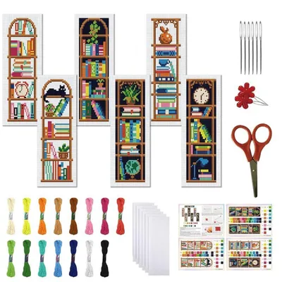 Image de Kit de marque-pages en point de croix, 6 pièces, tissu 11CT, motifs pré-imprimés, instructions pour débutants, dimensions 20x6 cm