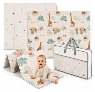 Produktbild von Ale-commerce XL Krabbelmatte Baby 180x200 cm Faltbar Beidseitig – Baby Spielmatte aus XPE Schaumstoff Wasserdicht Rutschfest mit Sternen & Tiermotiv