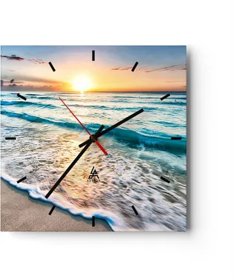 Produktbild von Wanduhr - Quadrat - Glasuhr - Meer Welle Strand - 30x30cm - Schleichendes Uhrwerk - Lautlos - zum Aufhängen bereit - Dekoration Modern - Wanddekoration aus Glas - C3AC30x30-3621