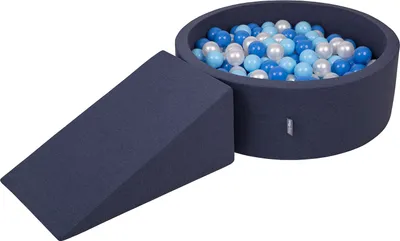 Obrázok produktu pre KiddyMoon Mäkké penové ihrisko pre deti s guľatým loptičkovým ihriskom (100 ∅ 7 cm) s mäkkými prekážkami a loptičkovým bazénom,  vyrobené v EÚ, Tmavomodrá:Babyblue/Modrá/Perla, Klin