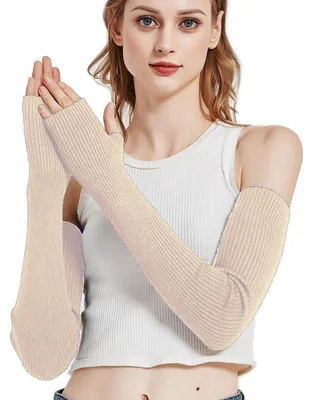 Produktbild von Armstulpen Damen Wollmischung Winter lang fingerlos mit Daumenloch 60cm