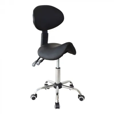 A black saddle stool with a backrest and wheels on a white background.