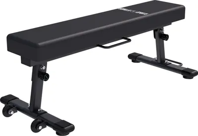 A black, foldable flat weight bench with adjustable legs and wheels, shown against a white background.